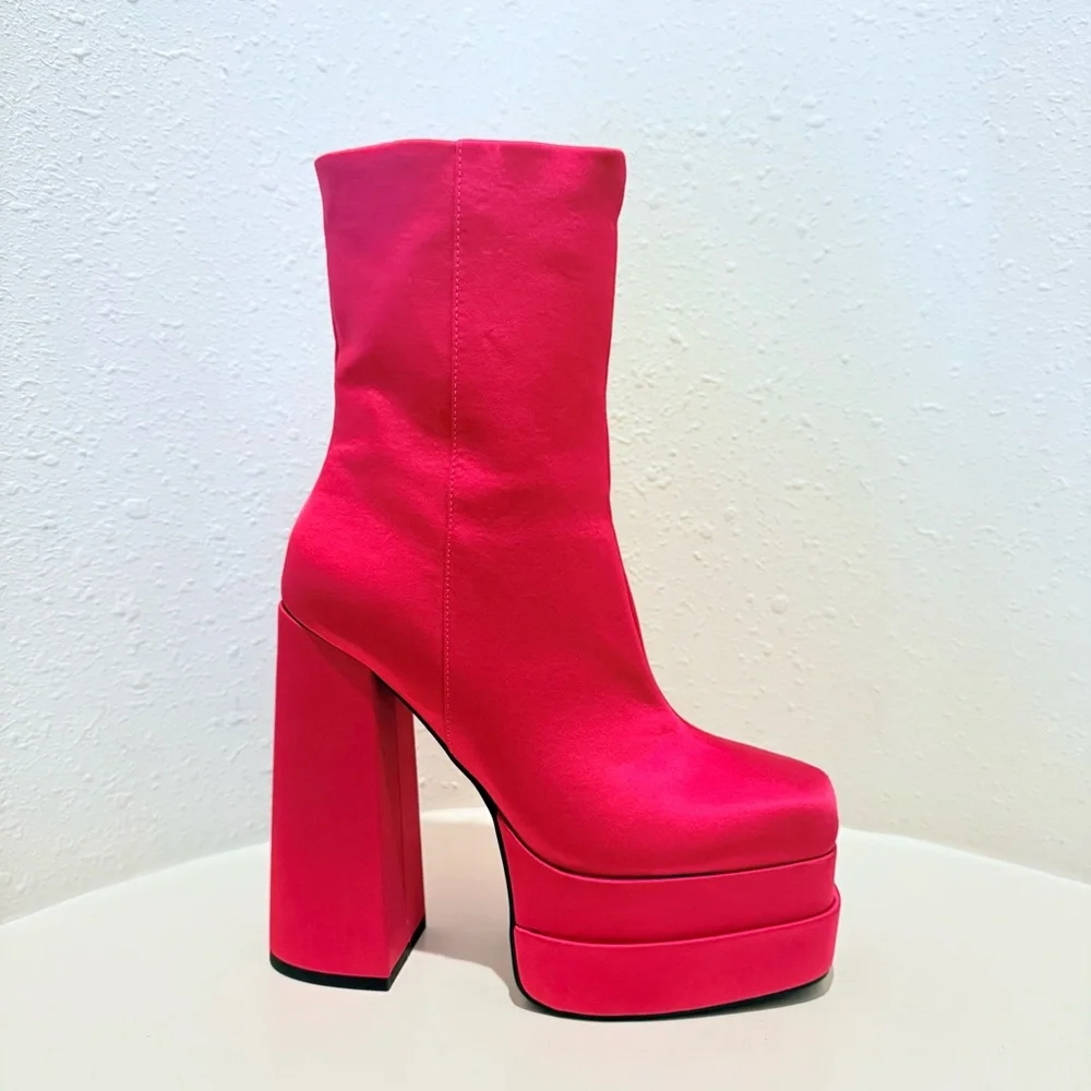 ASOS Fuchsia Satin Square Toe Hi Block Heel Platform Boots Sz 9 NWT